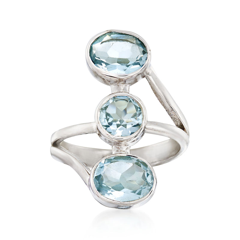 Sterling silver triple-stacked ring with three light blue oval gemstones