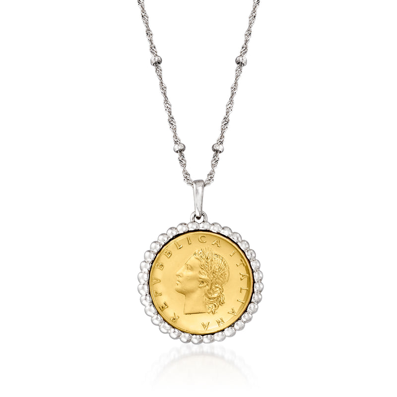 Sterling silver coin pendant necklace with beaded edge; gold-toned 20-Lira design