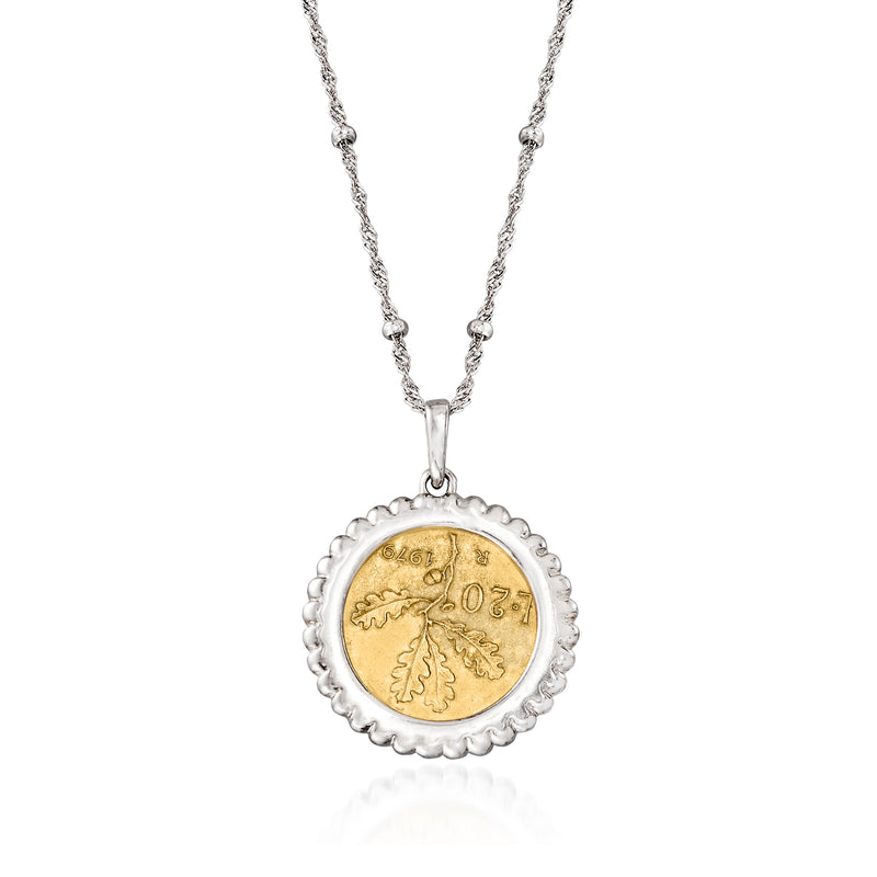 Sterling silver coin pendant necklace with beaded rim; gold-toned reverse side design