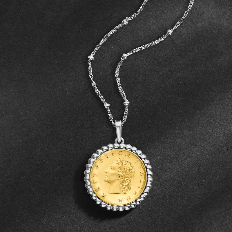 Sterling silver coin pendant necklace with gold-toned 20-Lira coin and beaded bezel
