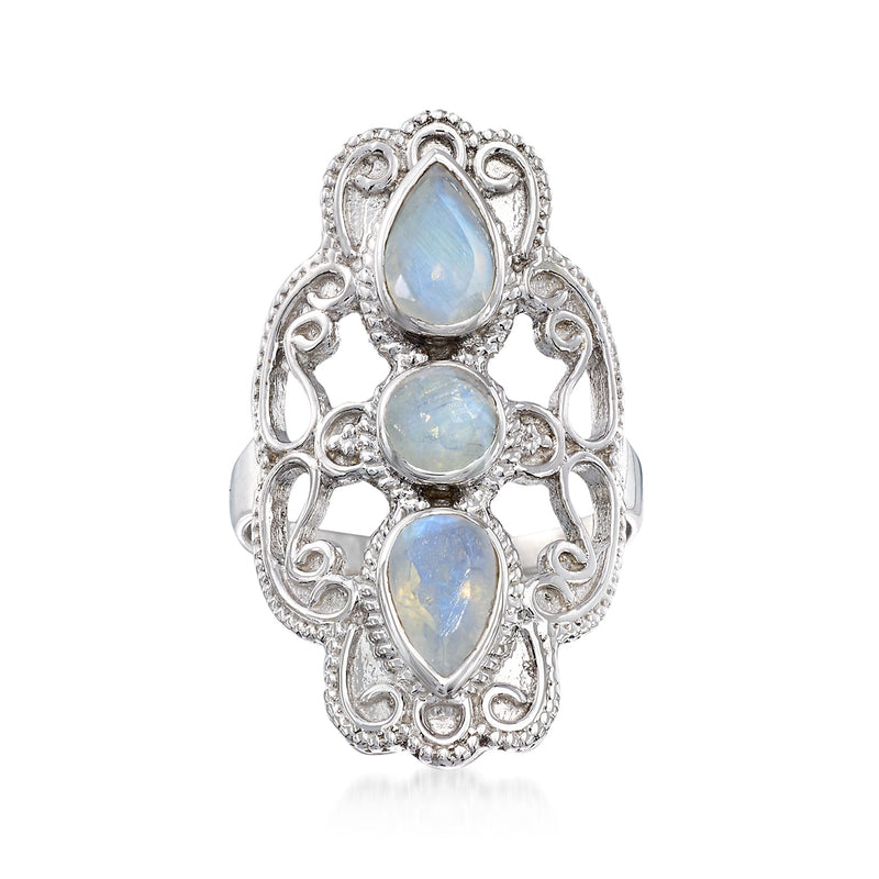 Sterling silver filigree ring with three teardrop moonstone cabochons, light blue