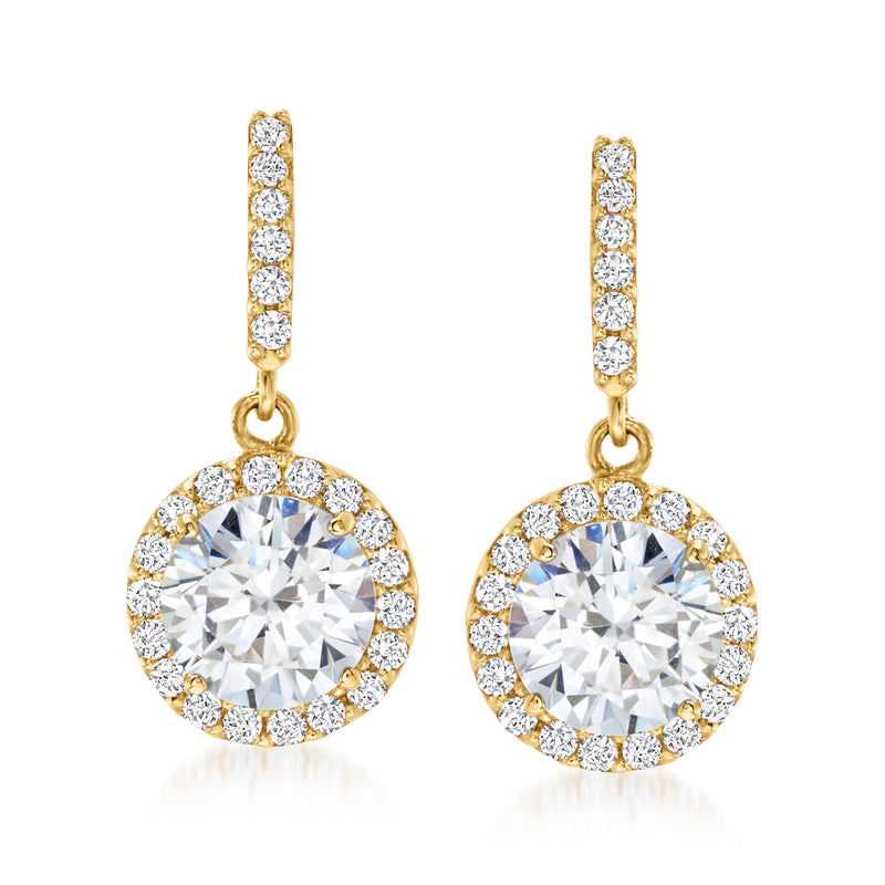 14kt yellow gold CZ halo drop earrings with round center stone and linked top