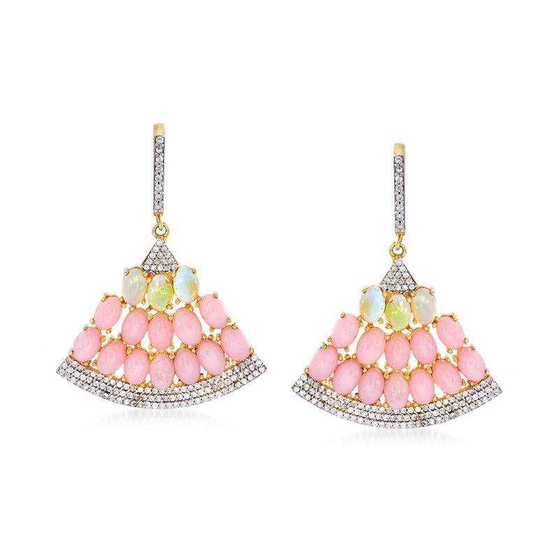 Gold-tone fan drop earrings with pink oval and white opal-like stones, zircon borders