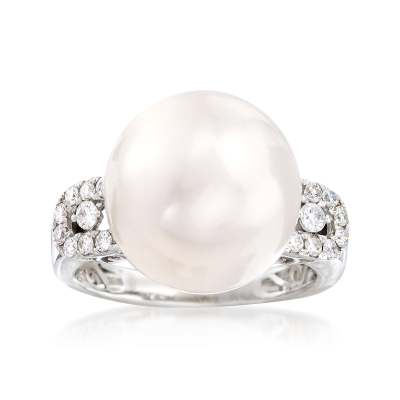 14kt white gold ring with large round cultured pearl and diamond pave accents