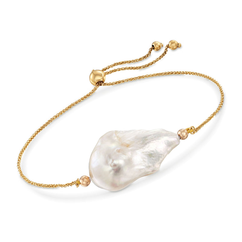 14kt yellow gold bolo bracelet, large baroque cultured pearl with small bead accents
