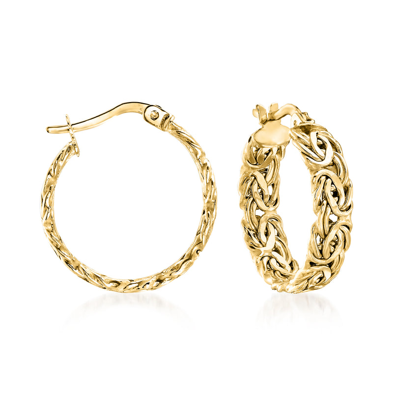 14kt yellow gold Byzantine hoop earrings with ornate link texture