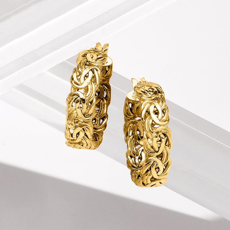 Yellow gold Byzantine hoop earrings, chunky chain-link pattern