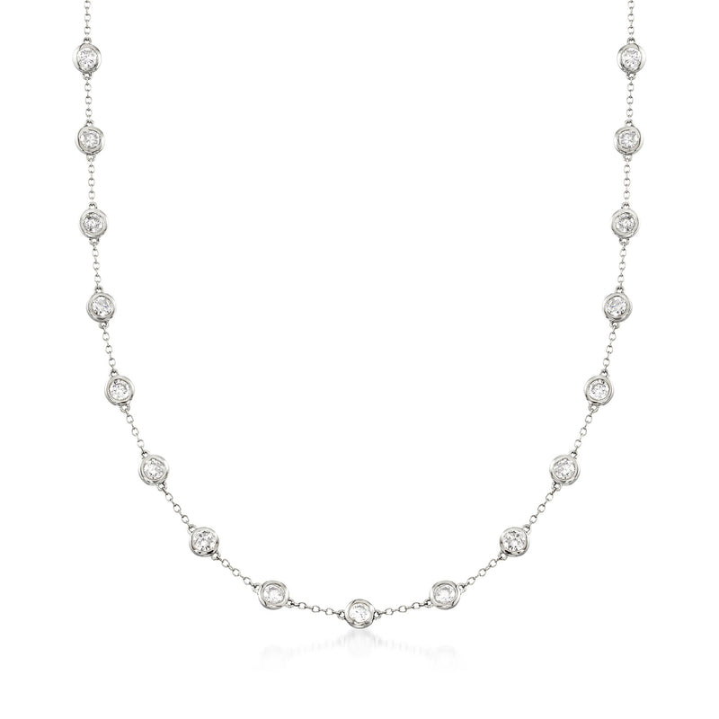 14kt white gold diamond station necklace with bezel-set round stones on chain