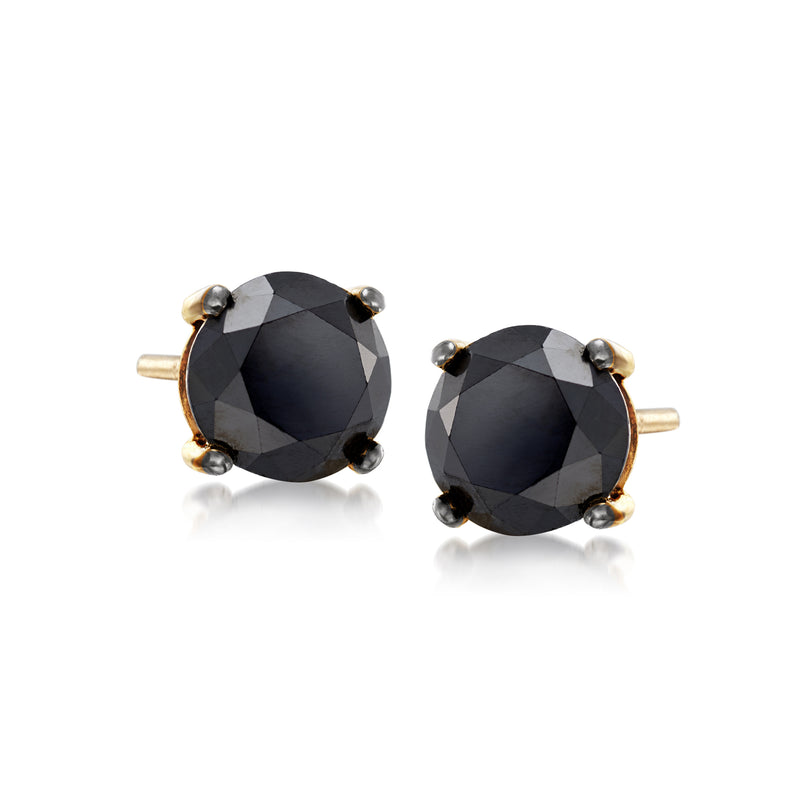 Round black diamond stud earrings in 14kt yellow gold with bezel-set center