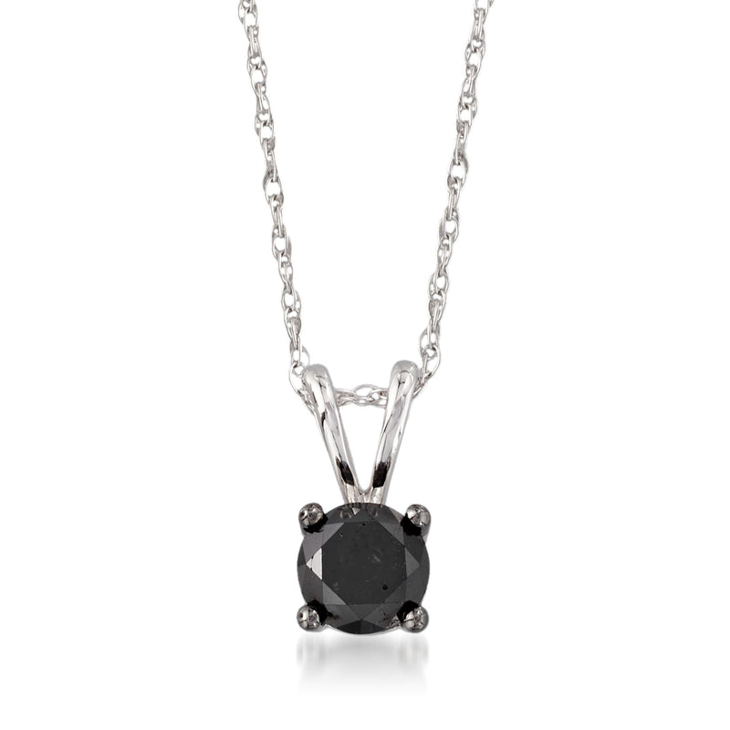 Black diamond solitaire necklace in 14kt white gold, round dark center with side prongs