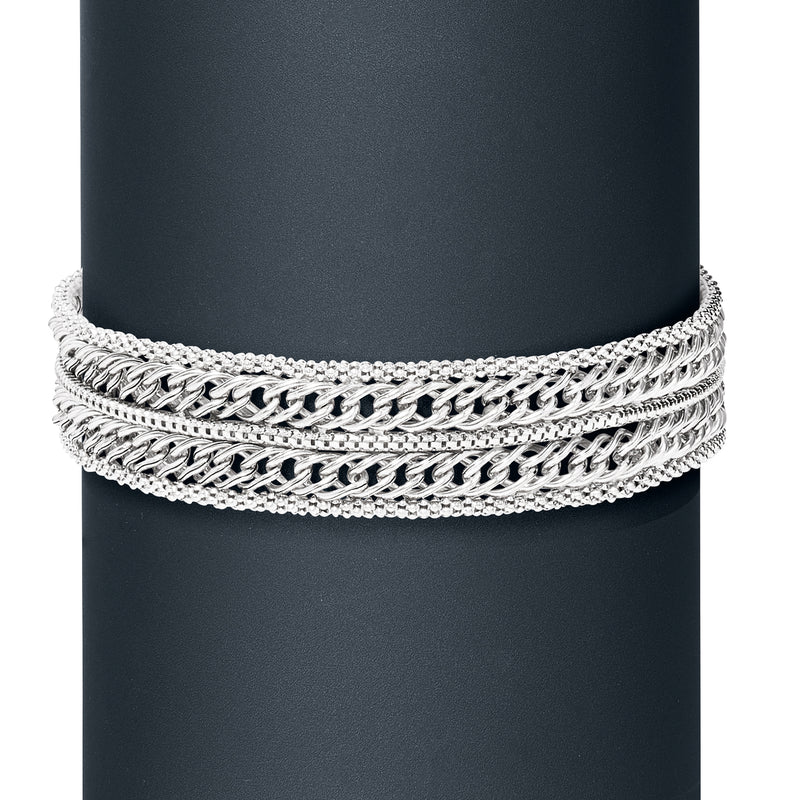 Sterling silver woven popcorn and curb-link bracelet, layered chain