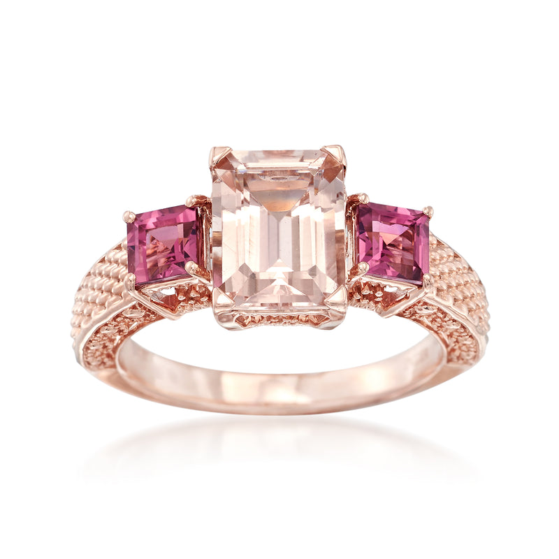 14k rose gold ring with morganite center and pink tourmaline side stones