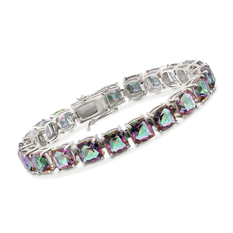 Sterling silver tennis bracelet with multicolored faceted quartz stones in rows