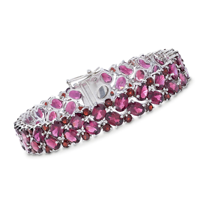 Sterling silver cluster bracelet with pink garnet and rhodolite gemstones, prong set