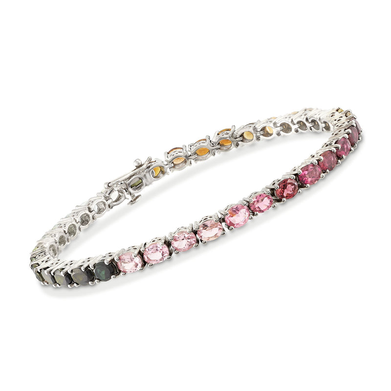Sterling silver multicolored tourmaline tennis bracelet with pink and green oval stones
