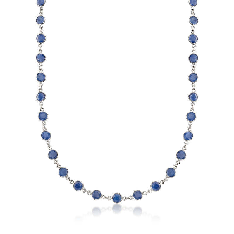 Sterling silver station necklace with bezel-set blue sapphire round stones