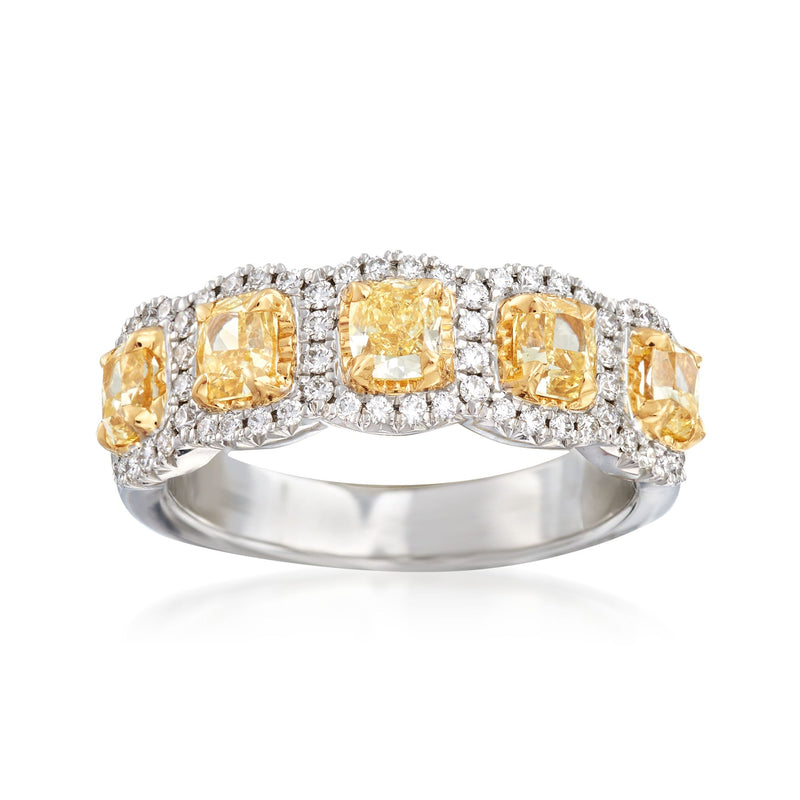 18kt white gold diamond ring with yellow and white cushion-cut stones