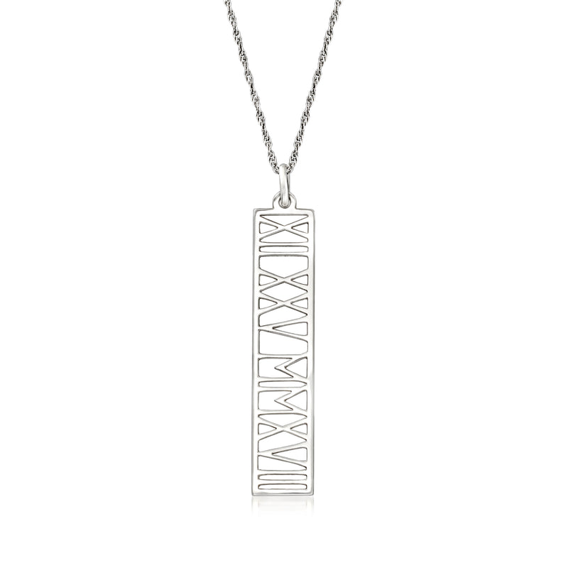 Sterling silver pendant necklace with vertical Roman numeral date charm