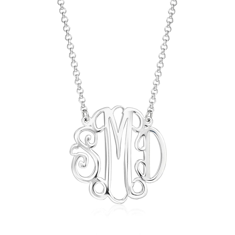 Sterling silver monogram necklace with circular initial pendant and link chain