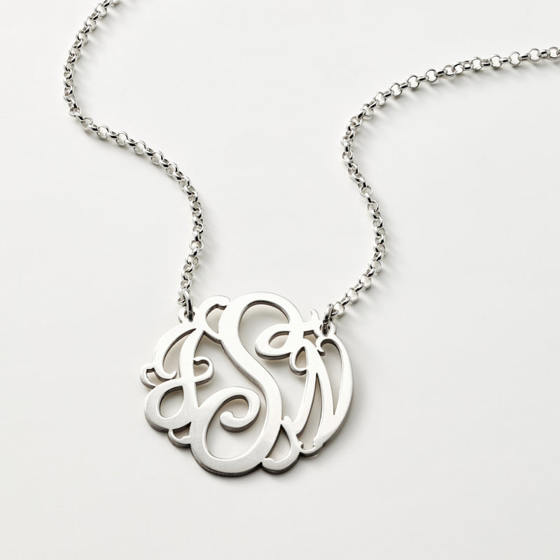 Sterling silver monogram pendant necklace with round monogram charm on link chain