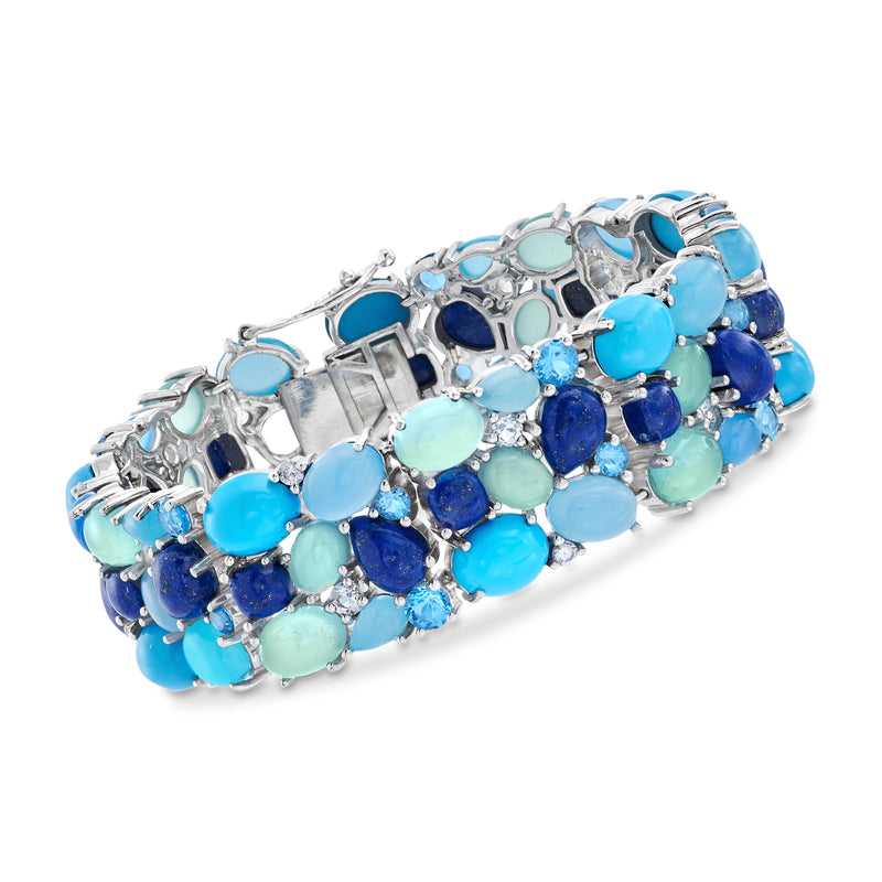 Sterling silver cluster bracelet with oval and round blue gemstones