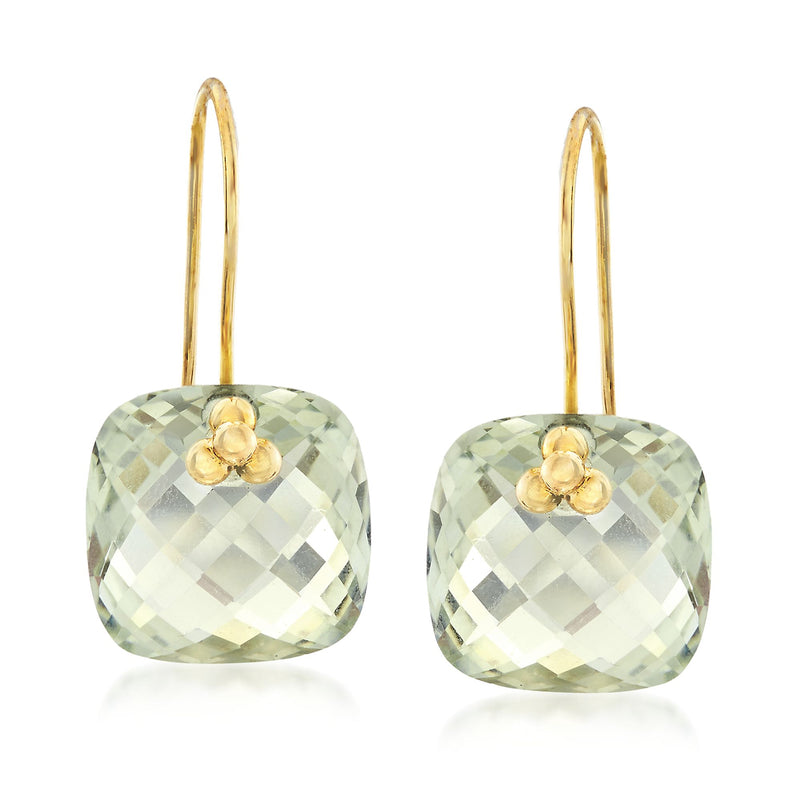 14kt yellow gold drop earrings with faceted pale green prasiolite oval dangles