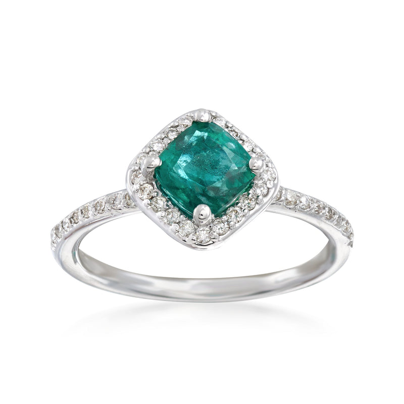 14kt white gold emerald and diamond ring with cushion-cut green center stone