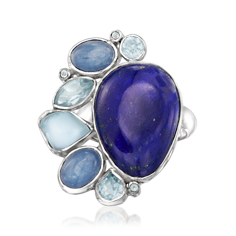 Sterling silver lapis ring with oval lapis and sky-blue gemstone accents