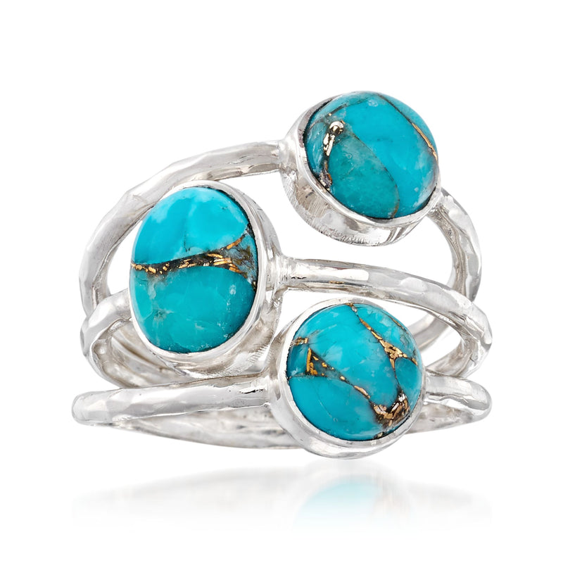 Sterling silver three-stone ring with three oval turquoise cabochon stones