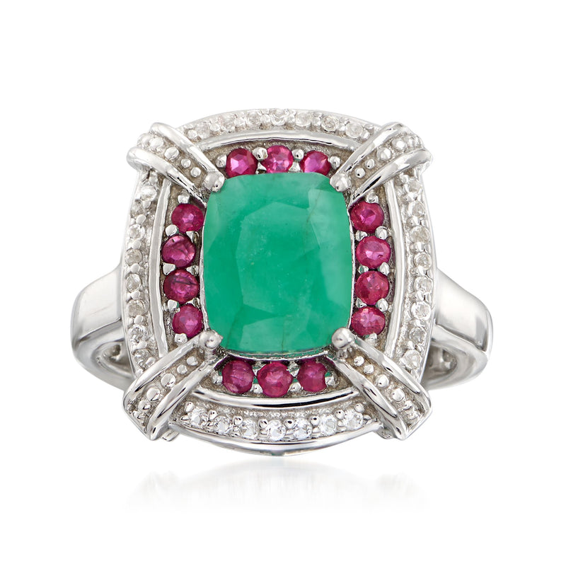 Sterling silver ring with emerald-green center, pink ruby halo, white topaz accents