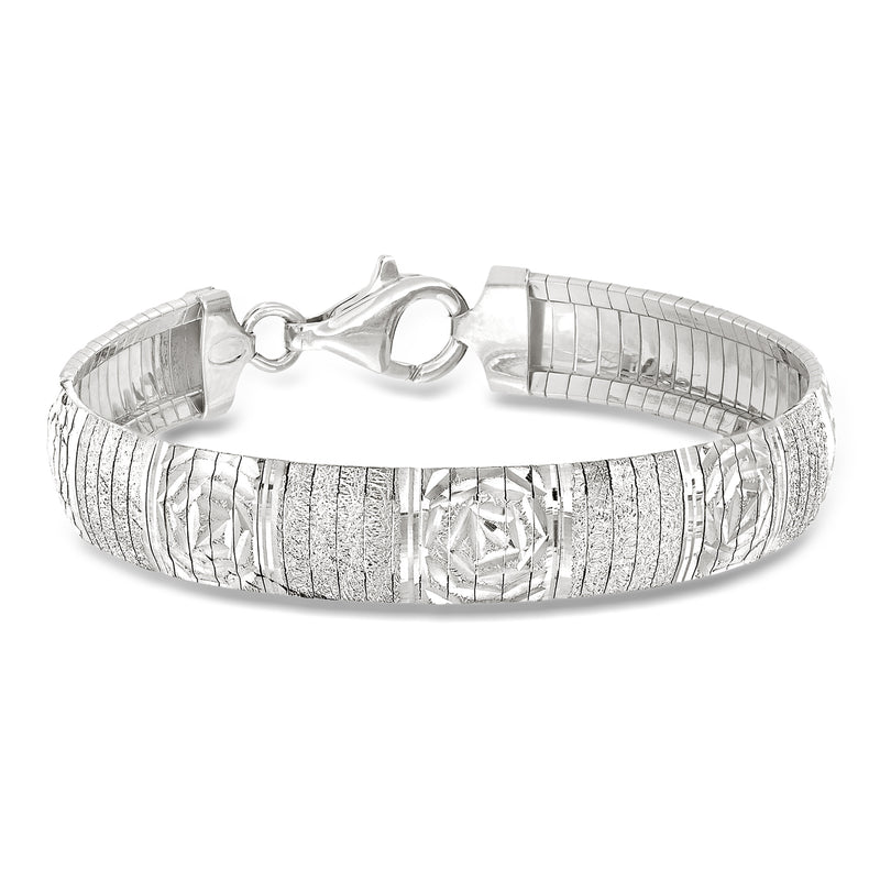 Sterling silver diamond-cut omega bracelet with hinged clasp and faceted centerpiece