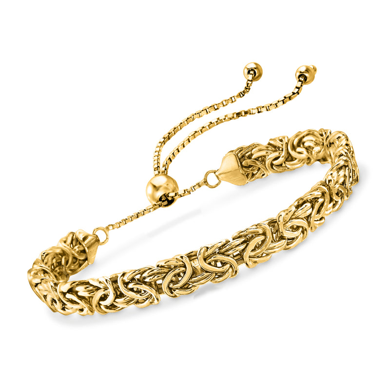 Yellow gold Byzantine bolo bracelet with braided links and adjustable cord ends