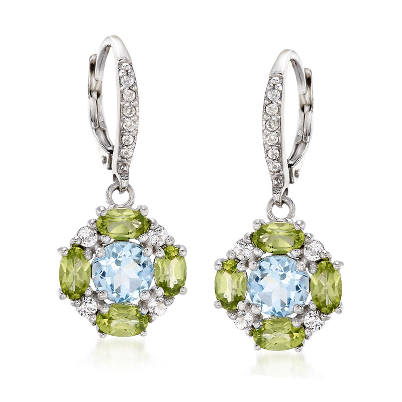 Sterling silver multi-gem drop earrings with blue and green stones, leverback closure