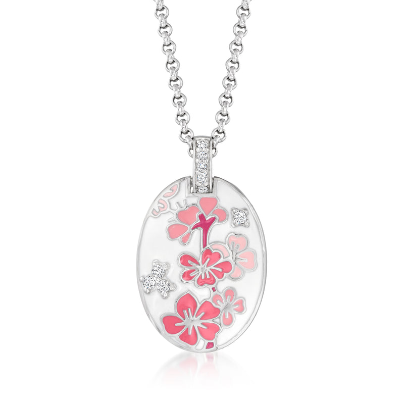 Sterling silver oval pendant necklace with pink enamel floral design and CZ accents