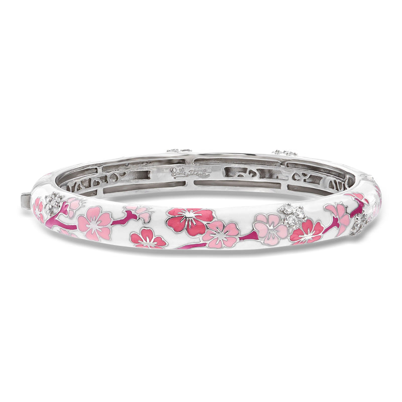 Sterling silver bangle bracelet with pink enamel floral design and CZ accents