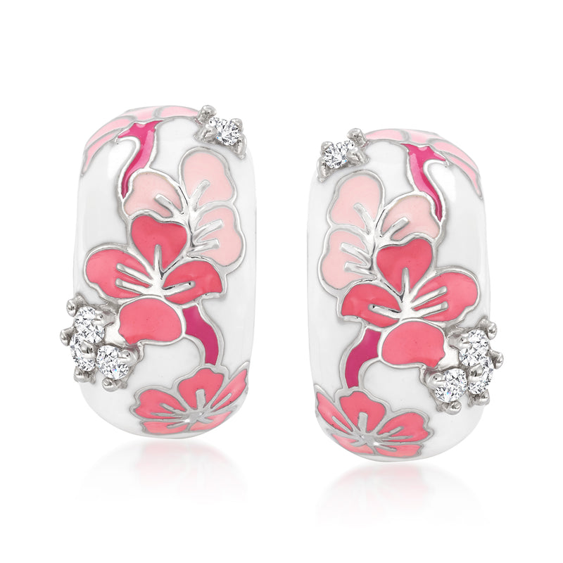 Sterling silver half-hoop earrings with pink sakura enamel and sparkling CZ clusters