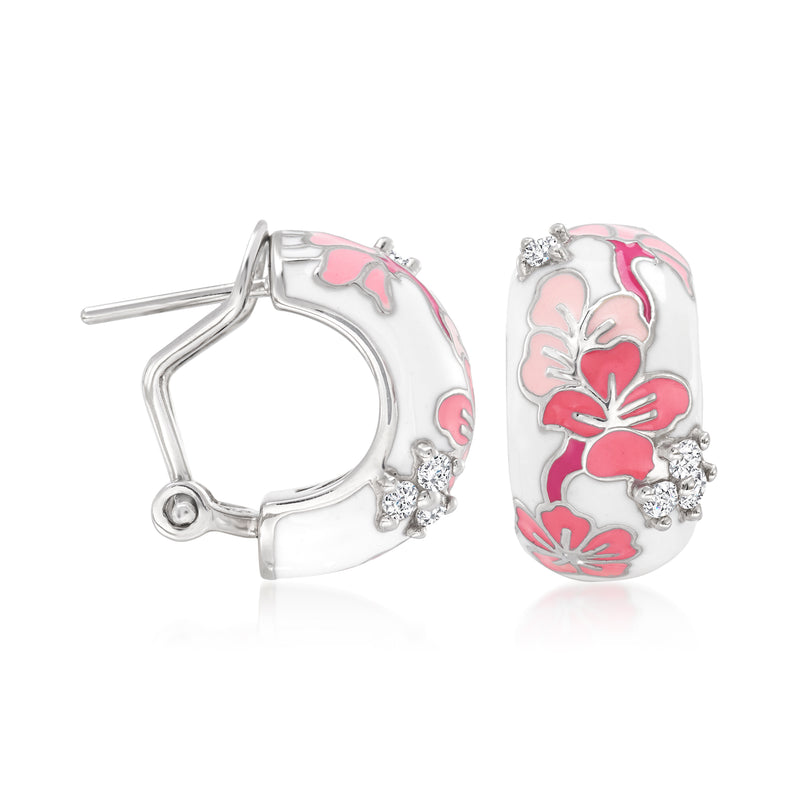 Sterling silver half-hoop earrings with pink sakura enamel, hinged back and CZ accents