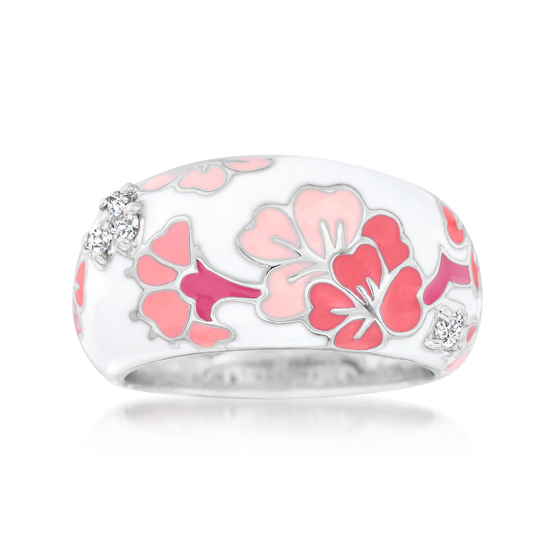 Sterling silver floral enamel ring with pink and red sakura, CZ accents