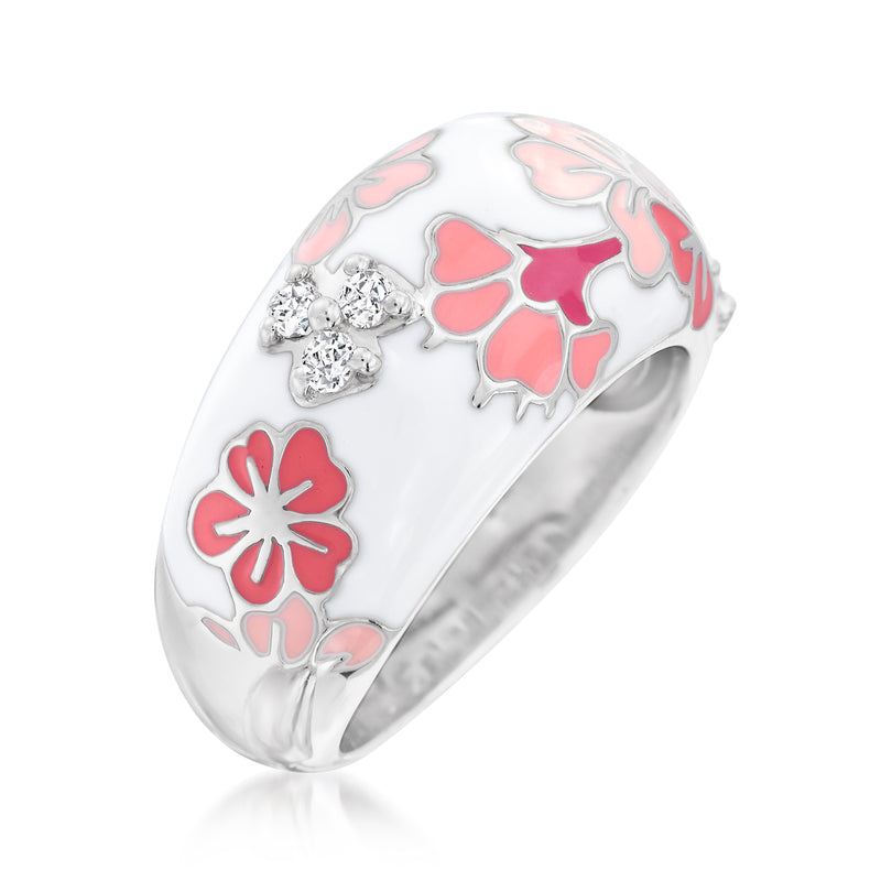 Sterling silver floral enamel ring with multicolor blossoms and CZ cluster detail