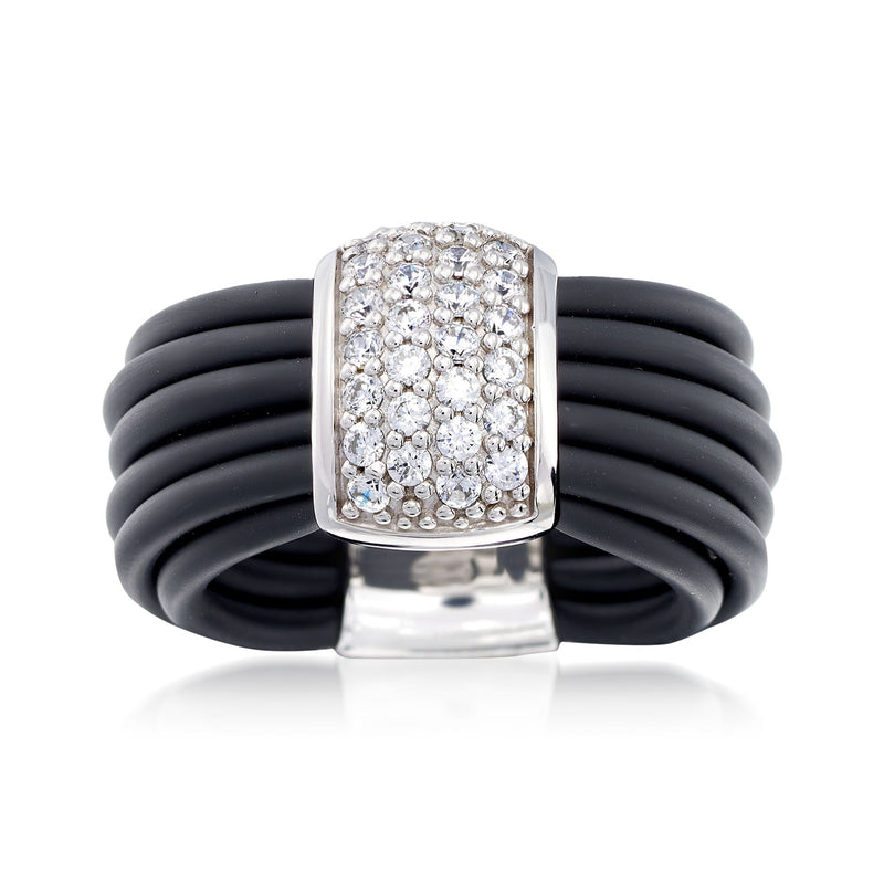 Belle Etoile Adagio sterling silver ring with black rubber band and square CZ cluster