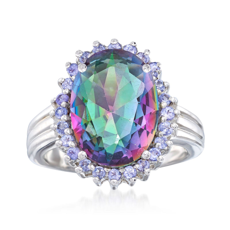 Sterling silver ring with oval mystic quartz center and tanzanite halo
