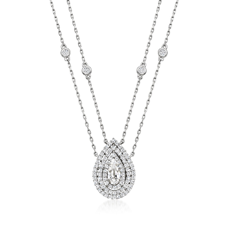 Sterling silver two-strand drop necklace with teardrop CZ pendant and small round stations