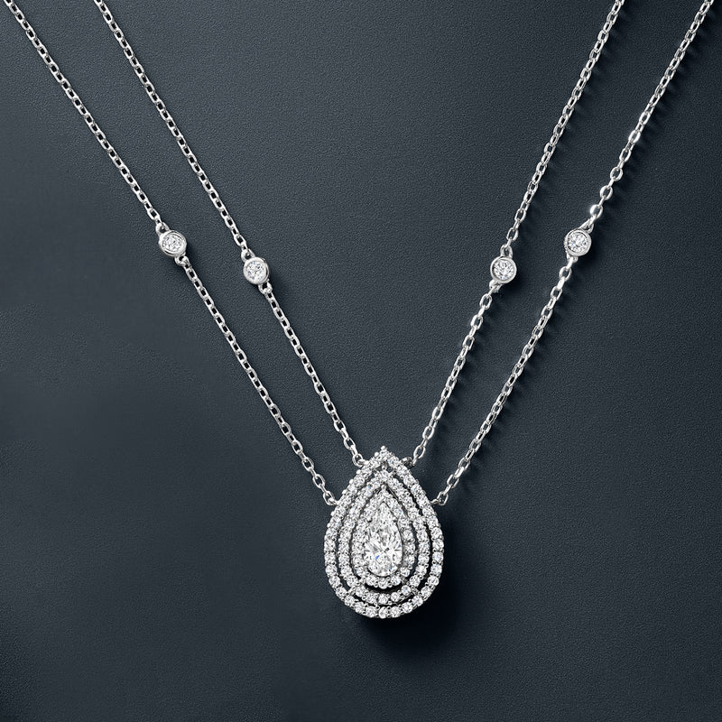 Two-strand teardrop CZ pendant necklace in sterling silver, stacked chain links