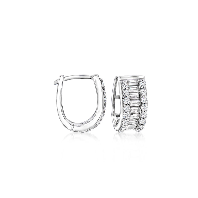 Sterling silver huggie hoop earrings with baguette and round CZ stones, hinged pair
