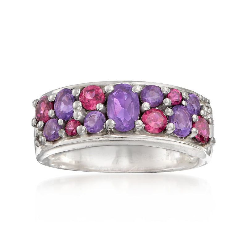 Sterling silver gemstone ring with oval purple and round pink stones, silver prong settings