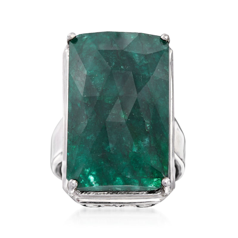 Emerald-cut green gemstone ring in sterling silver, square bezel and side scrolls