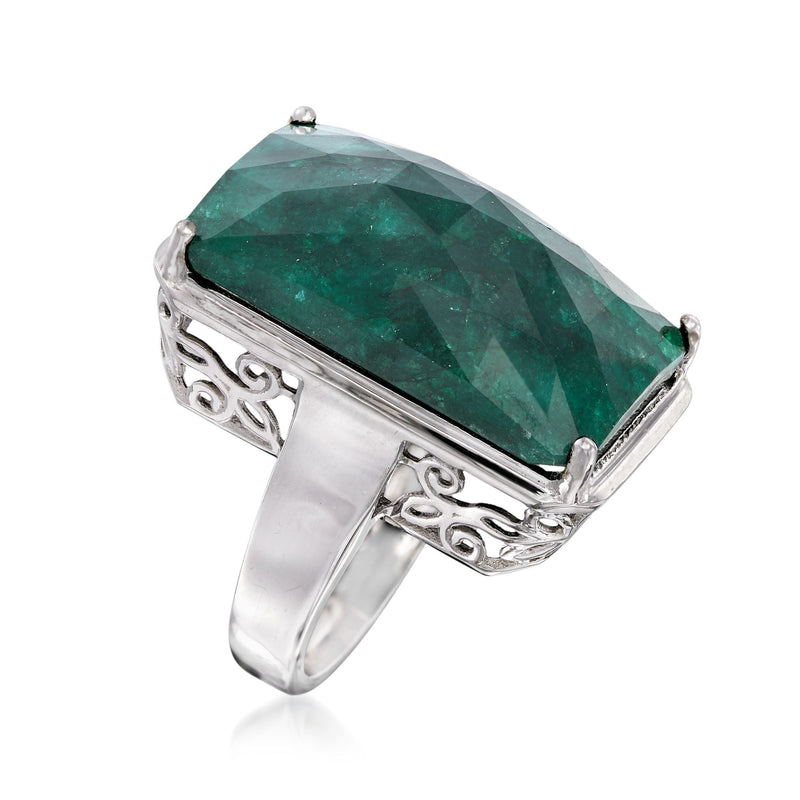 Sterling silver ring with emerald-cut green gemstone, angled setting with decorative band