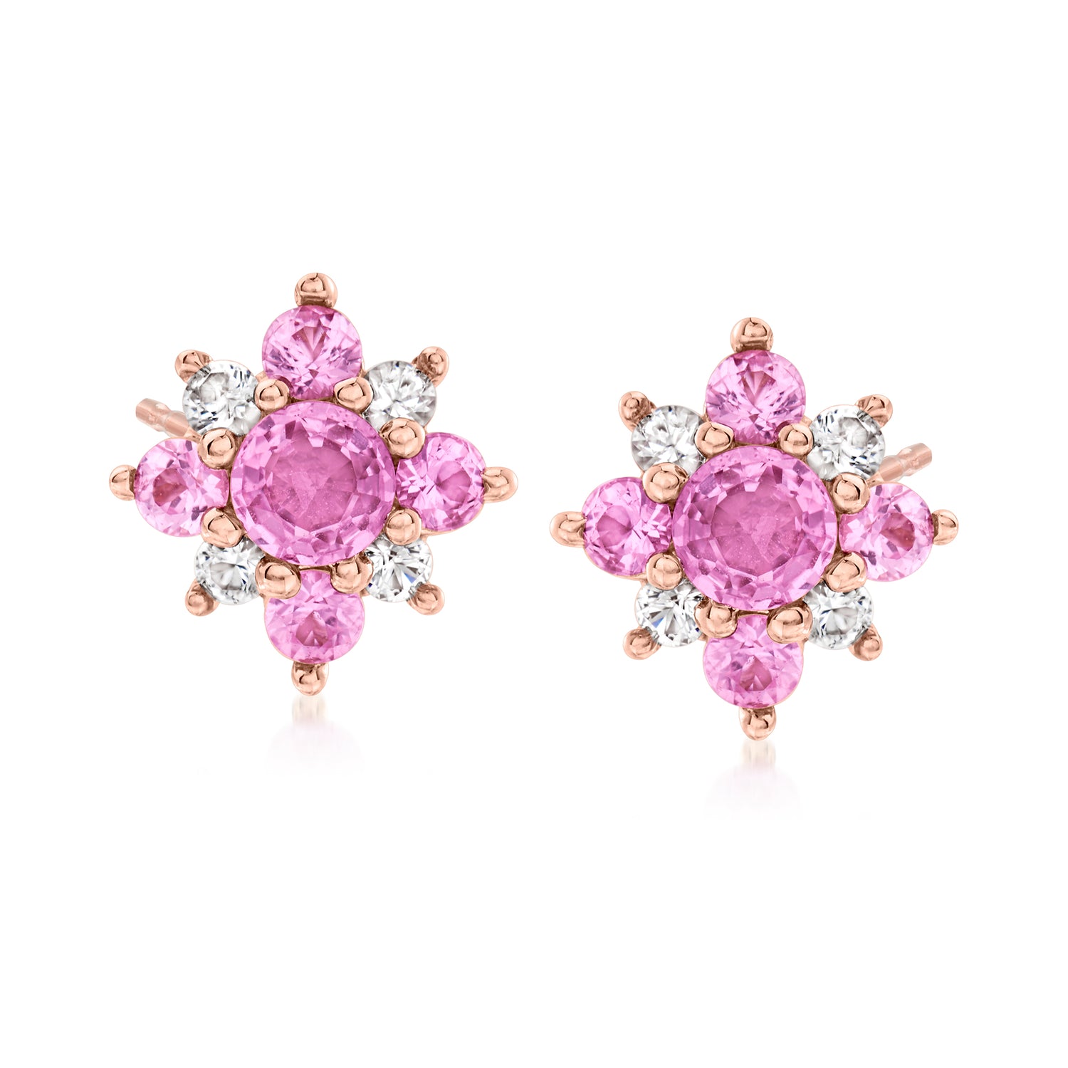 1.60 ct. t.w. Pink and White Sapphire Flower Earrings in 14kt Rose Gold