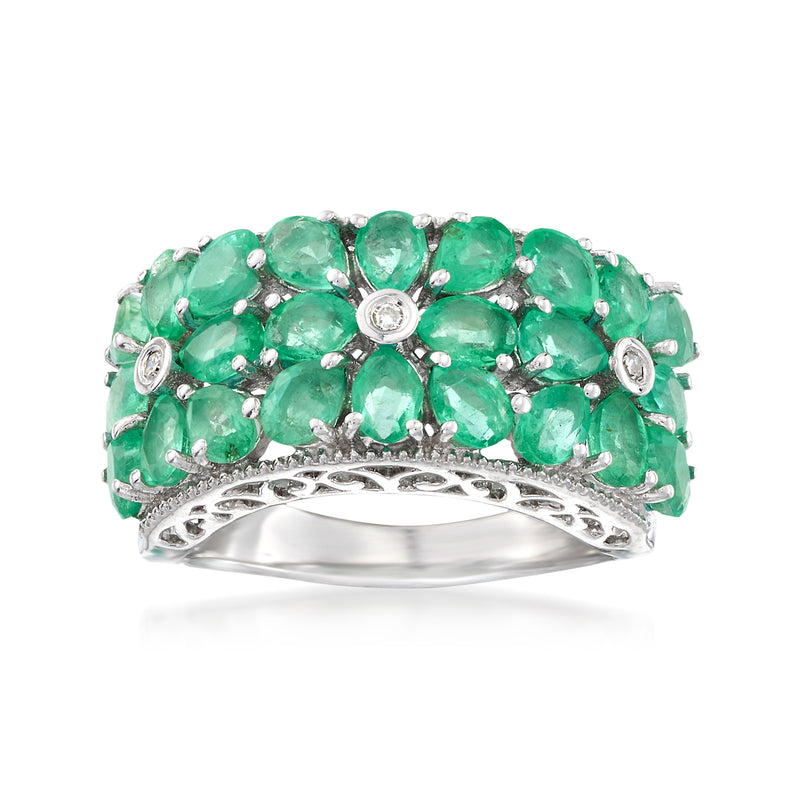 Emerald green floral ring with oval stones, diamond accents, sterling silver band