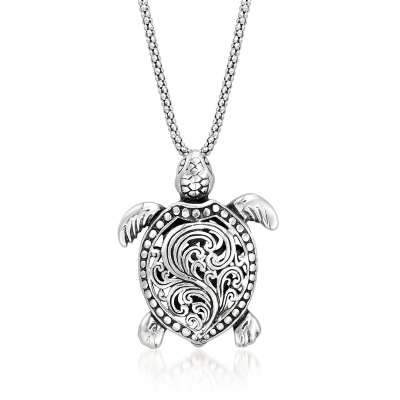 Sterling silver turtle pendant necklace with carved turtle charm on chain